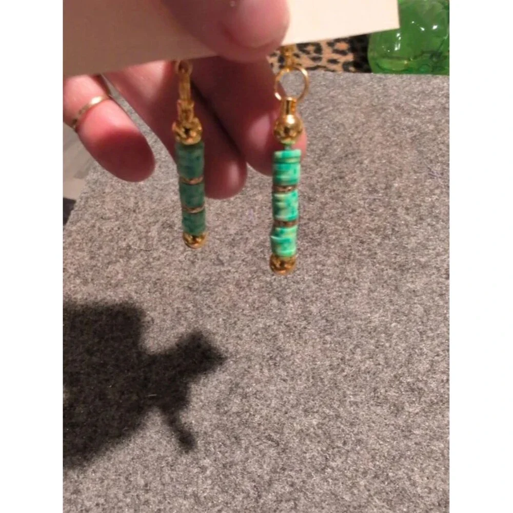 Green and gold dangle hook earrings